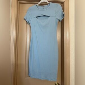 Guess Keyhole Cutout Blue Ribbed Bodycon Dress